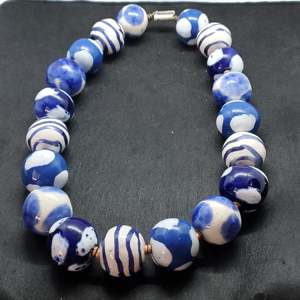 Ceramic hand painted bead ball blue necklace